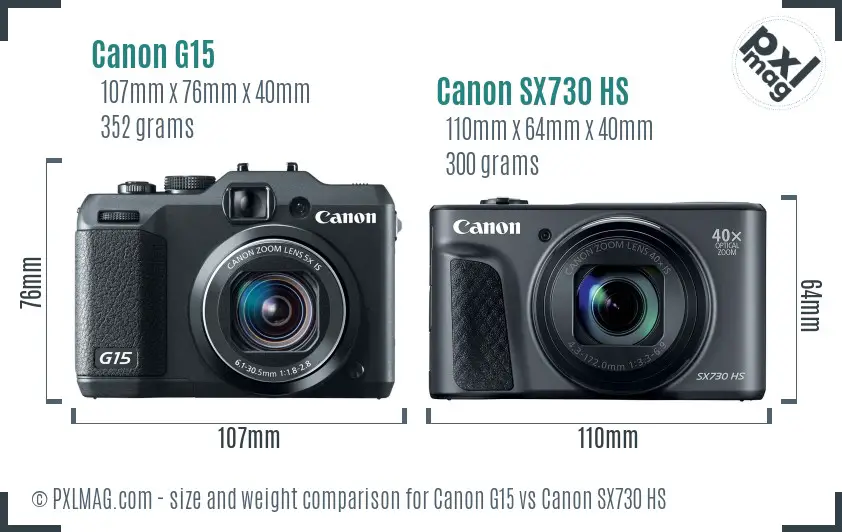 Canon G15 vs Canon SX730 HS size comparison