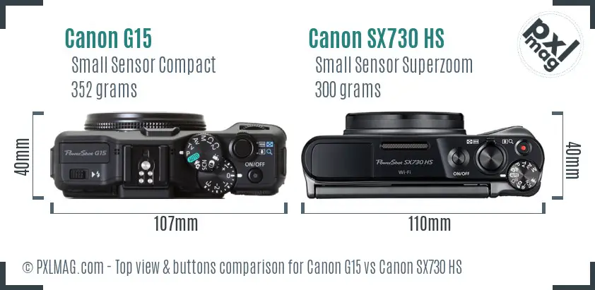 Canon G15 vs Canon SX730 HS top view buttons comparison