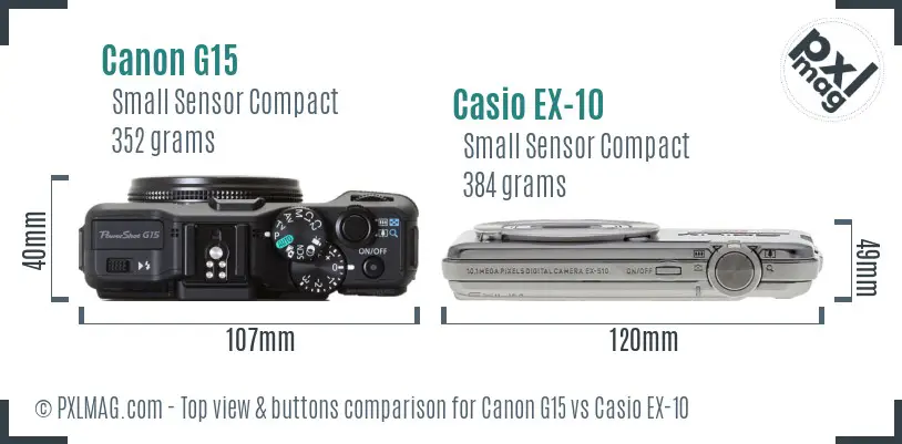 Canon G15 vs Casio EX-10 top view buttons comparison