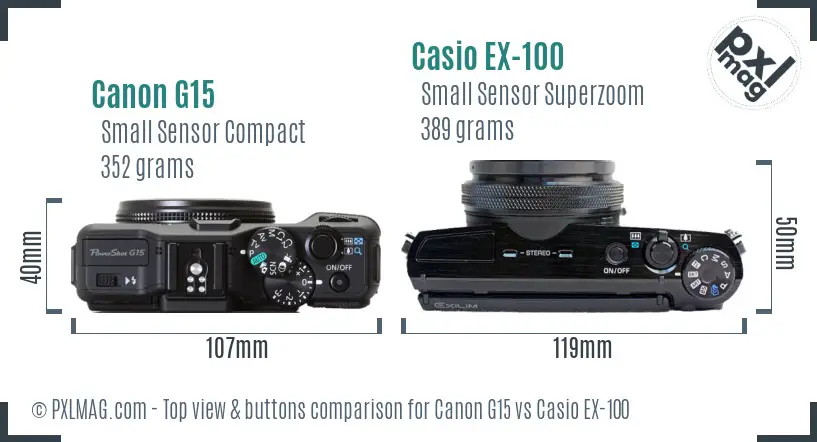 Canon G15 vs Casio EX-100 top view buttons comparison