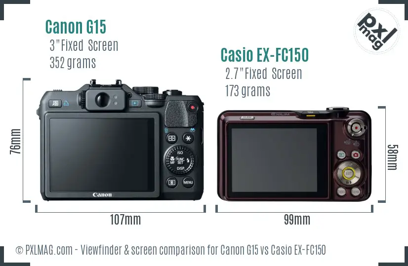 Canon G15 vs Casio EX-FC150 Screen and Viewfinder comparison