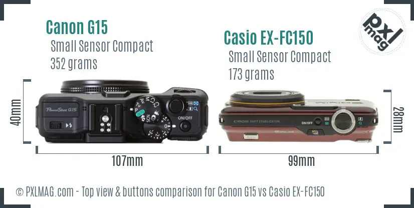 Canon G15 vs Casio EX-FC150 top view buttons comparison