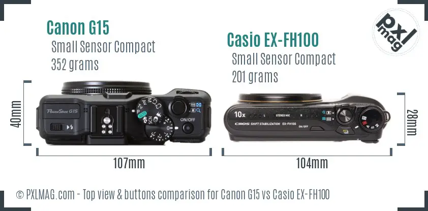 Canon G15 vs Casio EX-FH100 top view buttons comparison