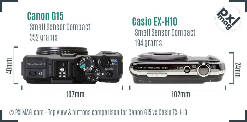 Canon G15 vs Casio EX-H10 top view buttons comparison Canon G15 vs Casio EX-H10 top view buttons comparison