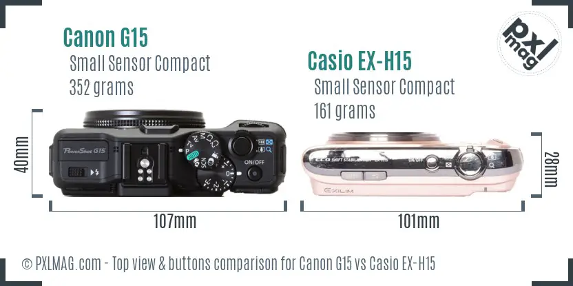 Canon G15 vs Casio EX-H15 top view buttons comparison