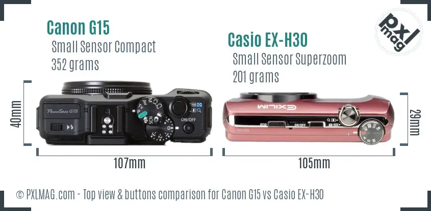 Canon G15 vs Casio EX-H30 top view buttons comparison