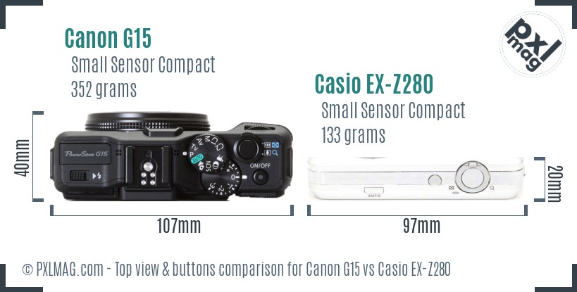 Canon G15 vs Casio EX-Z280 top view buttons comparison