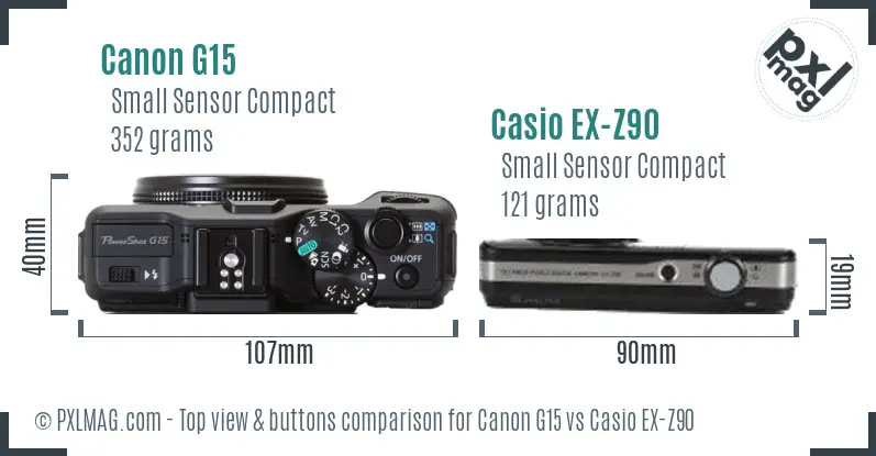 Canon G15 vs Casio EX-Z90 top view buttons comparison