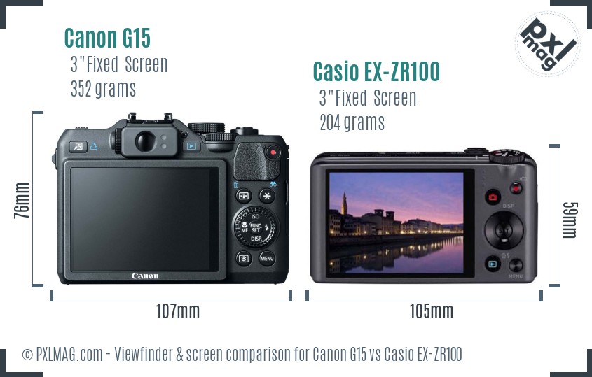 Canon G15 vs Casio EX-ZR100 Screen and Viewfinder comparison