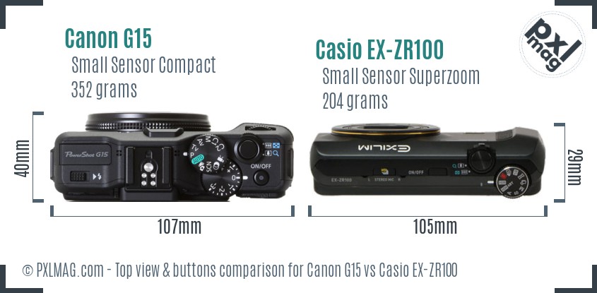 Canon G15 vs Casio EX-ZR100 top view buttons comparison