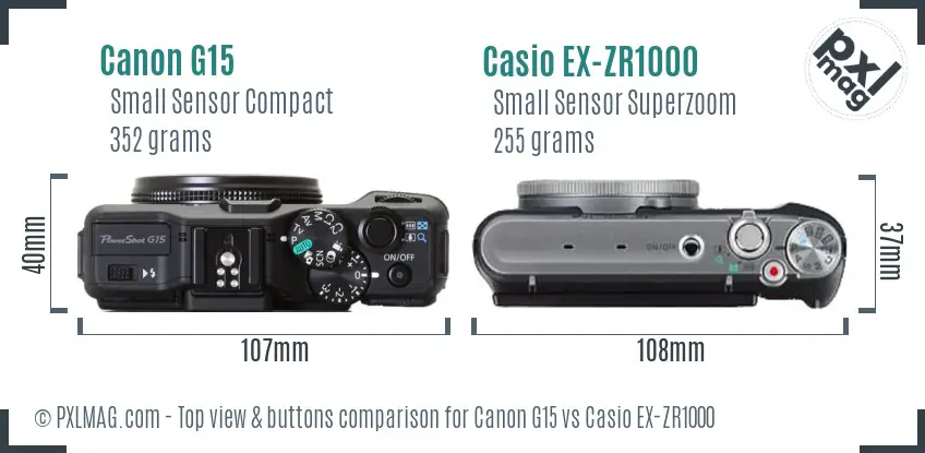 Canon G15 vs Casio EX-ZR1000 top view buttons comparison