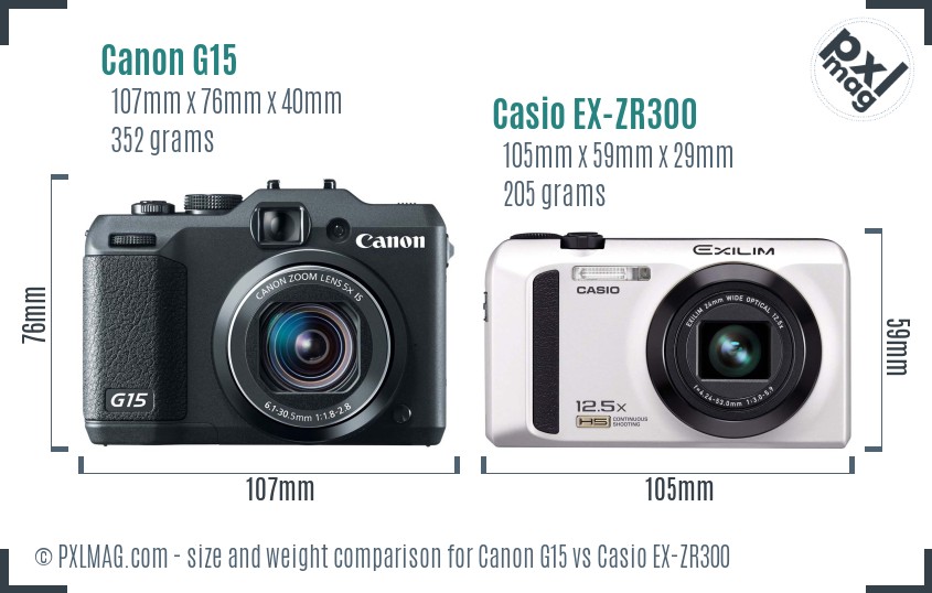 Canon G15 vs Casio EX-ZR300 size comparison