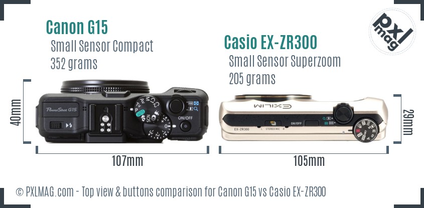 Canon G15 vs Casio EX-ZR300 top view buttons comparison