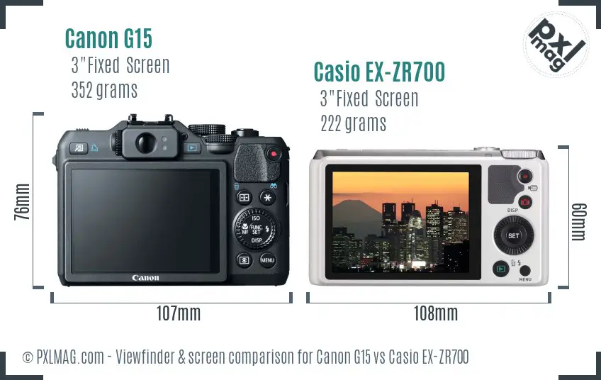 Canon G15 vs Casio EX-ZR700 Screen and Viewfinder comparison