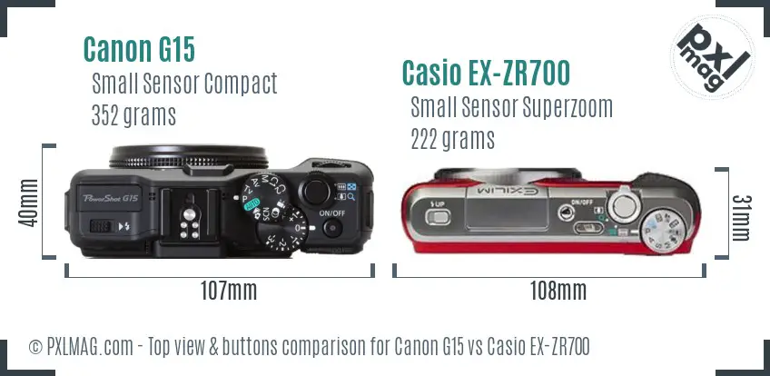 Canon G15 vs Casio EX-ZR700 top view buttons comparison