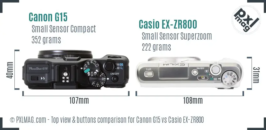 Canon G15 vs Casio EX-ZR800 top view buttons comparison Canon G15 vs Casio EX-ZR800 top view buttons comparison