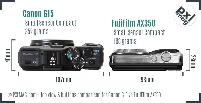 Canon G15 vs FujiFilm AX350 top view buttons comparison Canon G15 vs FujiFilm AX350 top view buttons comparison