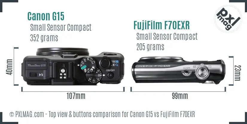 Canon G15 vs FujiFilm F70EXR top view buttons comparison