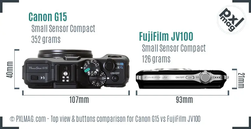 Canon G15 vs FujiFilm JV100 top view buttons comparison