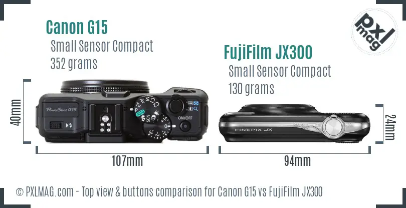 Canon G15 vs FujiFilm JX300 top view buttons comparison