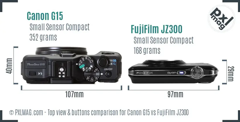 Canon G15 vs FujiFilm JZ300 top view buttons comparison