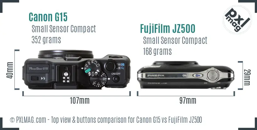 Canon G15 vs FujiFilm JZ500 top view buttons comparison