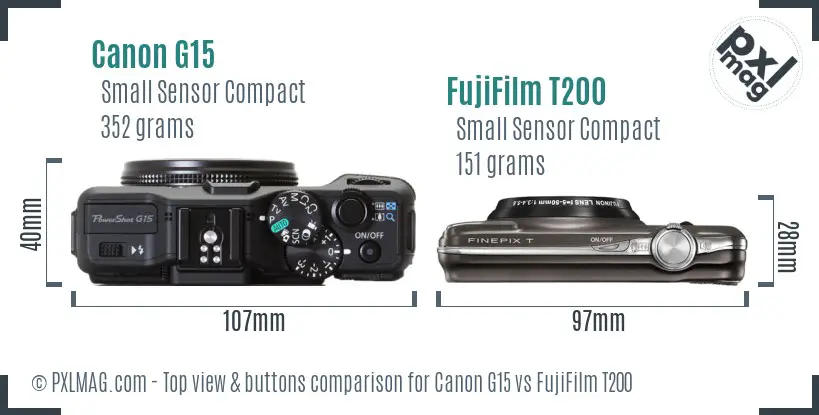 Canon G15 vs FujiFilm T200 top view buttons comparison