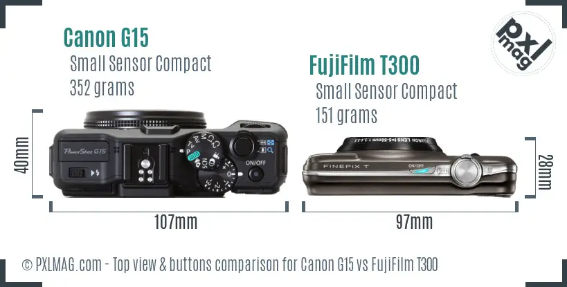Canon G15 vs FujiFilm T300 top view buttons comparison