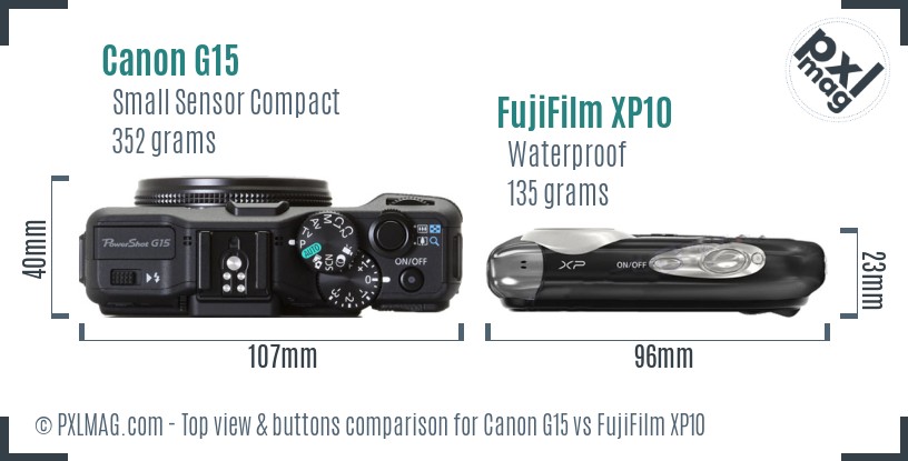 Canon G15 vs FujiFilm XP10 top view buttons comparison