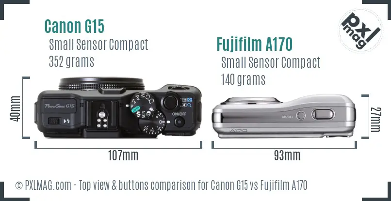 Canon G15 vs Fujifilm A170 top view buttons comparison