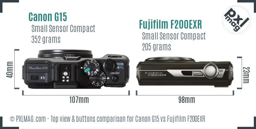 Canon G15 vs Fujifilm F200EXR top view buttons comparison Canon G15 vs Fujifilm F200EXR top view buttons comparison