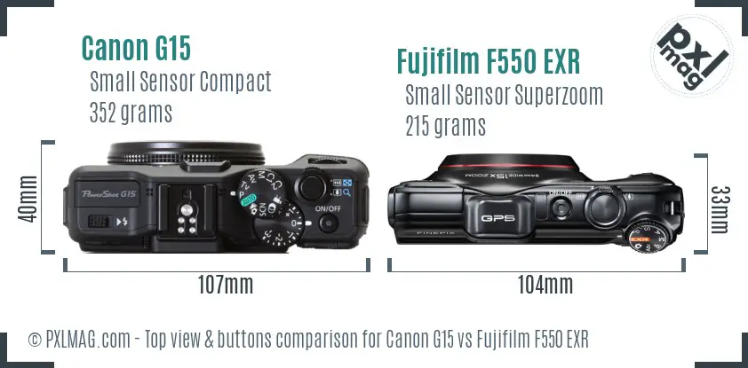 Canon G15 vs Fujifilm F550 EXR top view buttons comparison