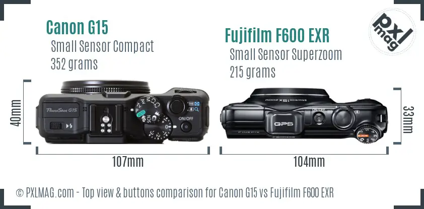 Canon G15 vs Fujifilm F600 EXR top view buttons comparison