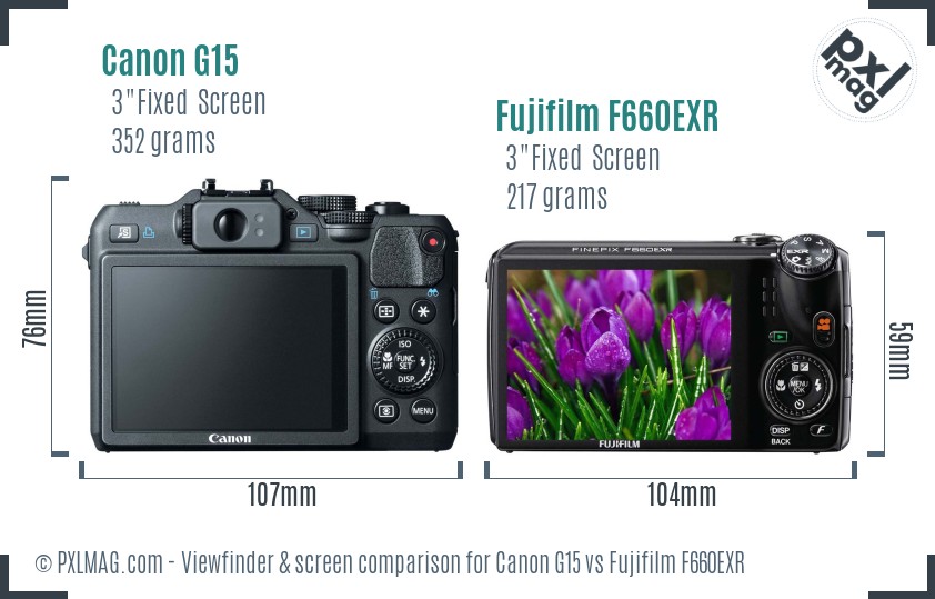 Canon G15 vs Fujifilm F660EXR Screen and Viewfinder comparison