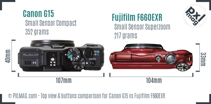 Canon G15 vs Fujifilm F660EXR top view buttons comparison