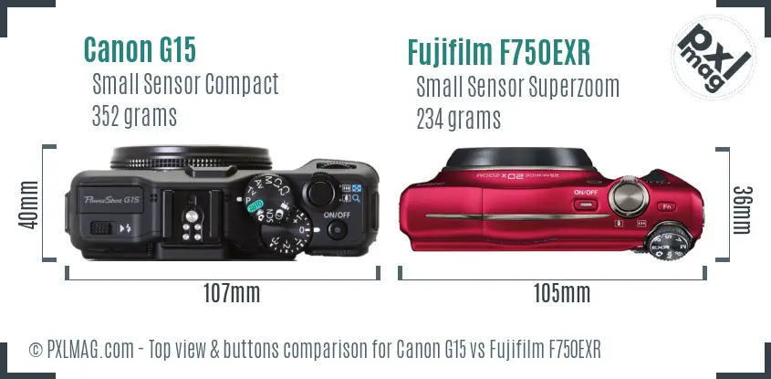 Canon G15 vs Fujifilm F750EXR top view buttons comparison