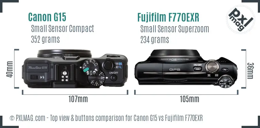 Canon G15 vs Fujifilm F770EXR top view buttons comparison