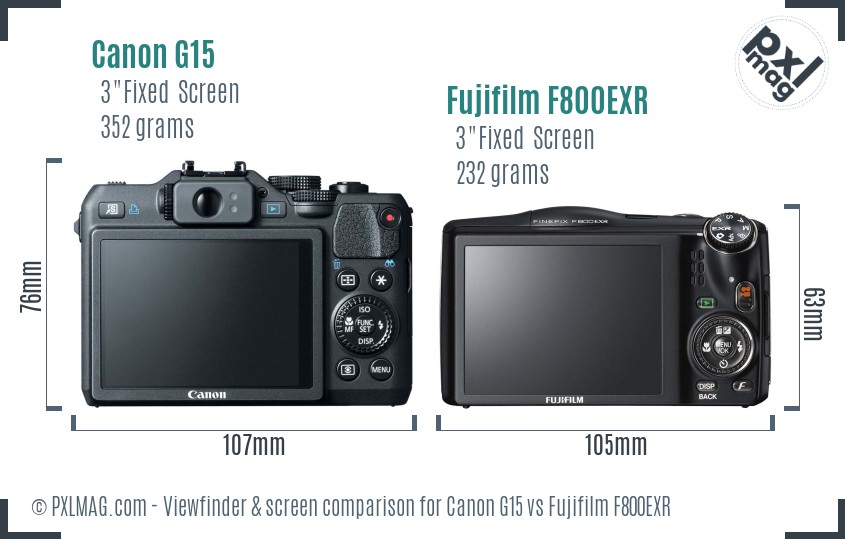Canon G15 vs Fujifilm F800EXR Screen and Viewfinder comparison