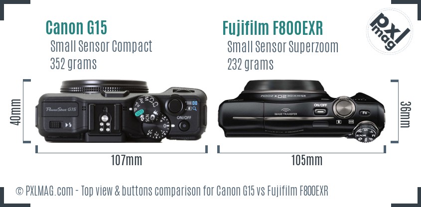 Canon G15 vs Fujifilm F800EXR top view buttons comparison