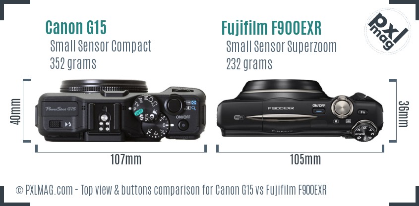 Canon G15 vs Fujifilm F900EXR top view buttons comparison