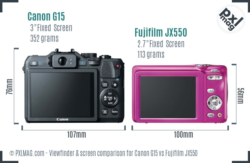 Canon G15 vs Fujifilm JX550 Screen and Viewfinder comparison