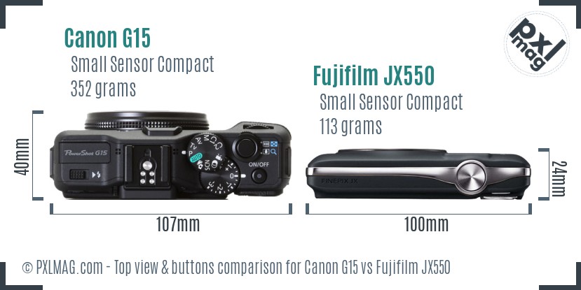Canon G15 vs Fujifilm JX550 top view buttons comparison