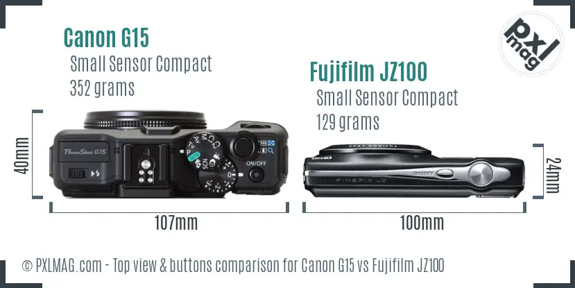 Canon G15 vs Fujifilm JZ100 top view buttons comparison Canon G15 vs Fujifilm JZ100 top view buttons comparison