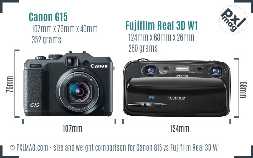 Canon G15 vs Fujifilm Real 3D W1 size comparison