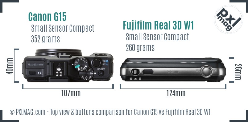 Canon G15 vs Fujifilm Real 3D W1 top view buttons comparison