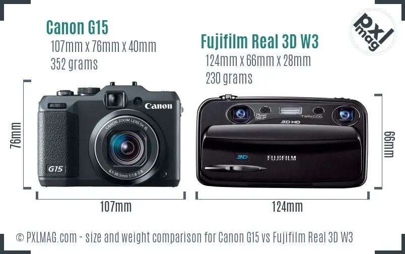 Canon G15 vs Fujifilm Real 3D W3 size comparison Canon G15 vs Fujifilm Real 3D W3 size comparison