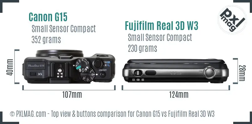 Canon G15 vs Fujifilm Real 3D W3 top view buttons comparison Canon G15 vs Fujifilm Real 3D W3 top view buttons comparison