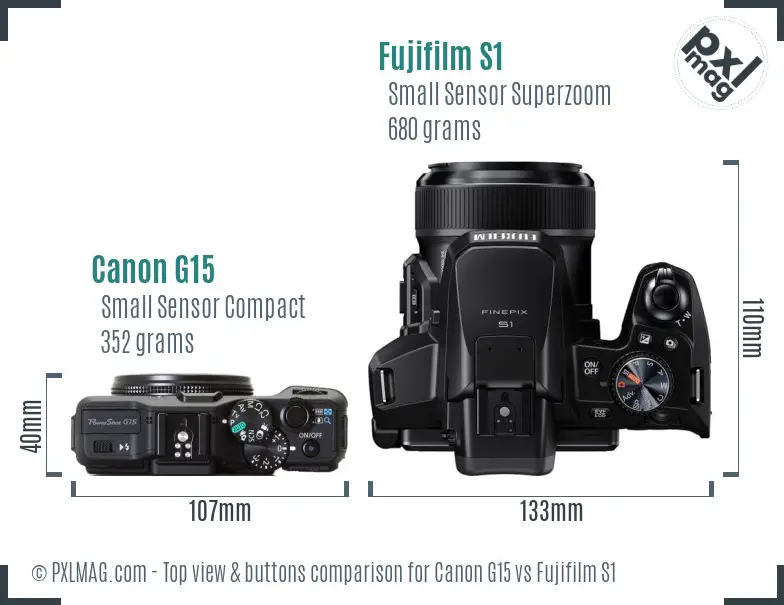 Canon G15 vs Fujifilm S1 top view buttons comparison