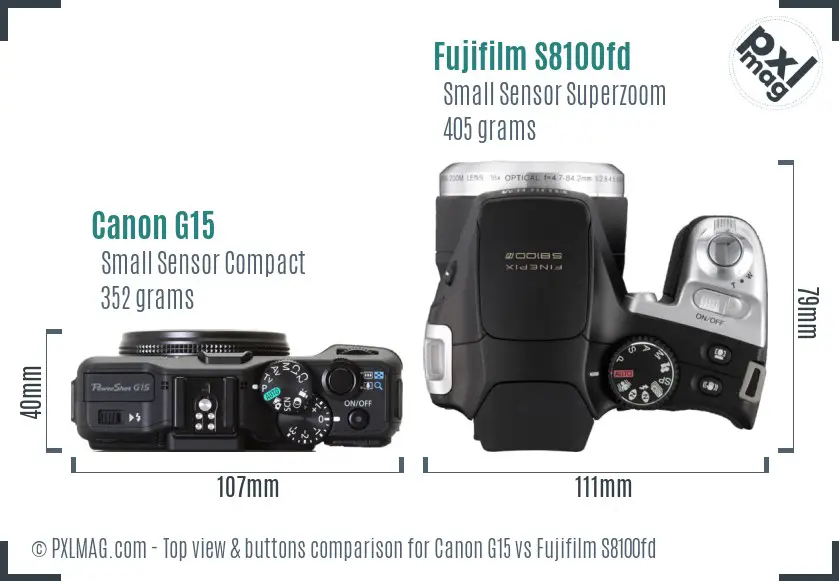 Canon G15 vs Fujifilm S8100fd top view buttons comparison