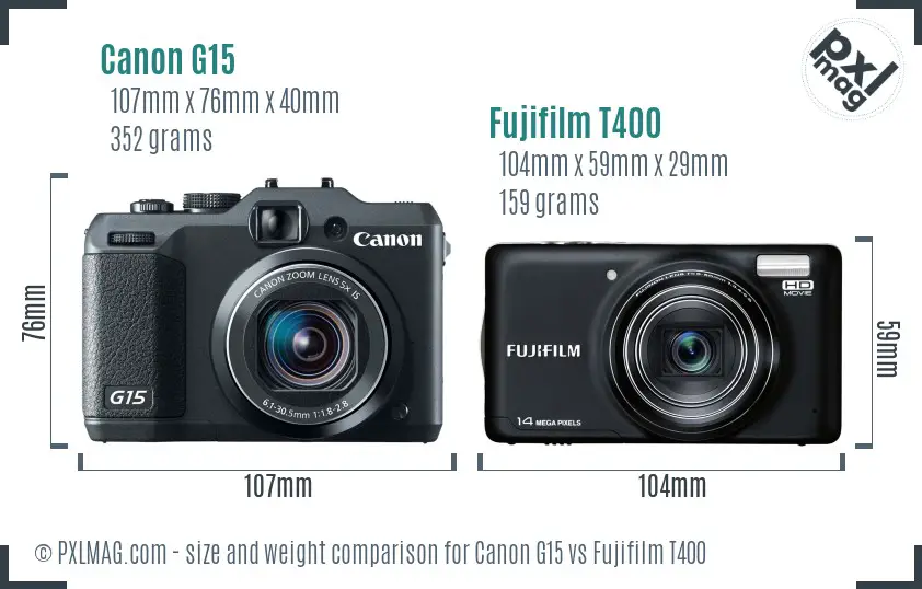 Canon G15 vs Fujifilm T400 size comparison